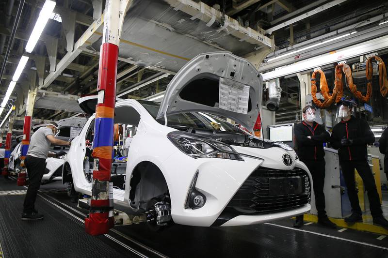A Toyota car factory in Onnaing, northern France. The Japanese car maker will slash its production plan by 40 per cent in September owing to a shortage of semiconductor chips. AP