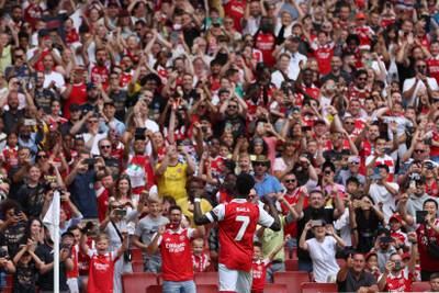 Arsenal's Bukayo Saka celebrates scoring their first goal. Action Images