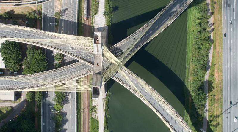 An aerial view of empty Octavio Frias de Oliveira bridge, a cable-stayed bridge, on the first day of lockdown imposed by state government in Sao Paulo, Brazil. Reuters