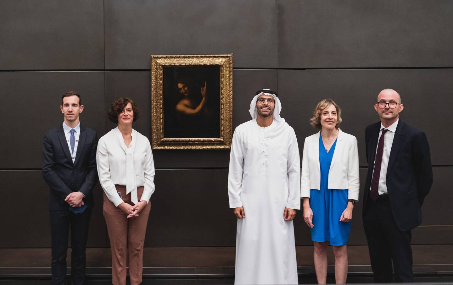 From right: Manuel Rabaté, director of Louvre Abu Dhabi, Stéphanie Debien, chargée d'affaire at the French Embassy in the UAE, Mohamed Khalifa Al Mubarak, chairman of Louvre Abu Dhabi and DCT - Abu Dhabi, Dr. Souraya Noujaim, director of the Scientific, Curatorial and Collection Management Department at Louvre Abu Dhabi, and Vincent Delieuvin, curator of Italian paintings of the 16th century at musée du Louvre's Department of Paintings. Photo: Louvre Abu Dhabi