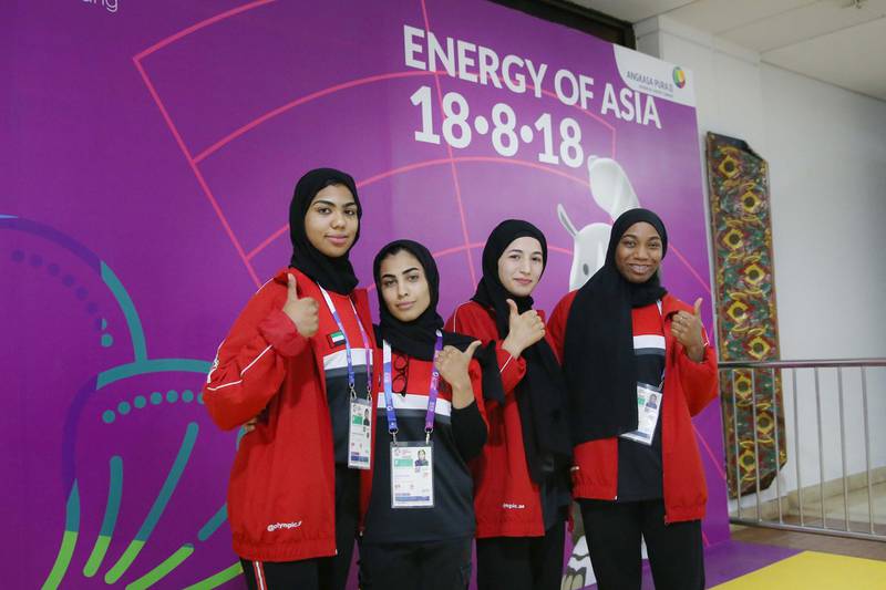 The women’s team after the weigh-in at the Asian Games village from L to R Bashayer Al Matrooshi, Wadima Al Yafei, Mahra Al Hanaei and Hessa Al Shamsi on Thursday, August 23, 2018. Courtesy Adil Al Naimi