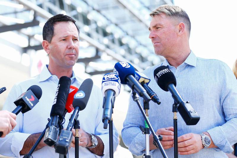 MELBOURNE, AUSTRALIA - JANUARY 12: Ricky Ponting speaks to the media along side Shane Warne during a Cricket Australia media opportunity at Melbourne Cricket Ground on January 12, 2020 in Melbourne, Australia. (Photo by Daniel Pockett/Getty Images)