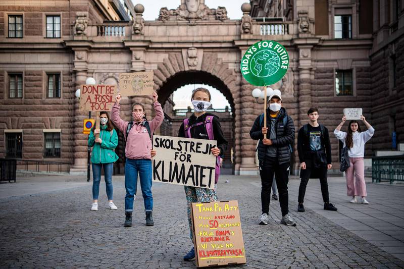 Greta Thunberg takes part in a Fridays For Future protest in front of the Swedish Parliament. AFP