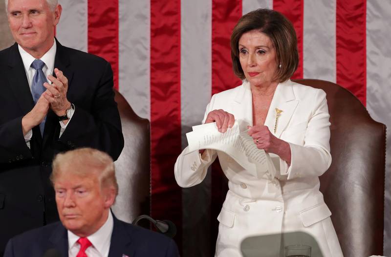 Speaker of the House Nancy Pelosi rips up the speech of US President Donald Trump after his State of the Union address to a joint session of the US Congress in the House Chamber of the US Capitol on February 4, 2020. Reuters