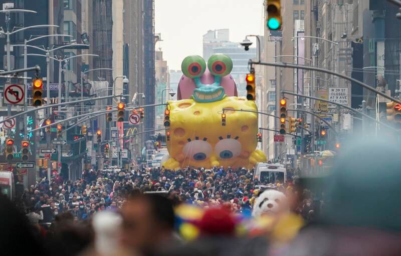 The SpongeBob SquarePants and Gary balloon near Times Square. EPA