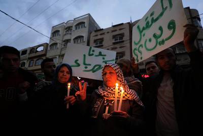 Palestinians women attend a demonestration against chronic power cuts in the Jabaliya refugee camp in northern Gaza Strip. Mohammd Saber / AFP Photo