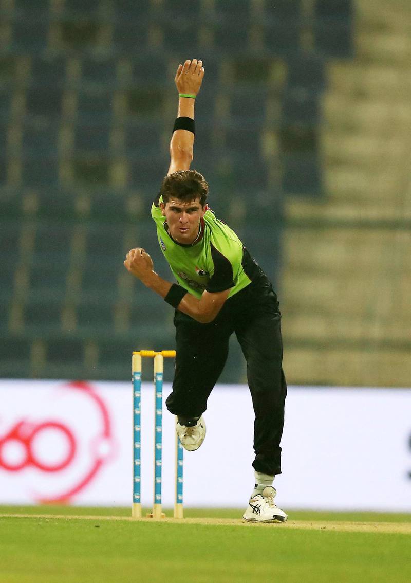 ABU DHABI , UNITED ARAB EMIRATES, October 06 , 2018 :- Shaheen Afridi of Lahore Qalanders bowling during the Final of Abu Dhabi T20 cricket match between Lahore Qalanders vs Multiply Titans held at Zayed Cricket Stadium in Abu Dhabi. ( Pawan Singh / The National )  For Sports/News/Instagram/Online. Story by Amith