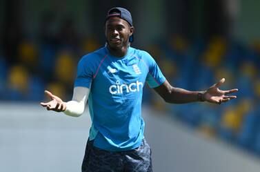 BRIDGETOWN, BARBADOS - MARCH 14: Jofra Archer of England during a nets session at Kensington Oval on March 14, 2022 in Bridgetown, Barbados. (Photo by Gareth Copley / Getty Images)
