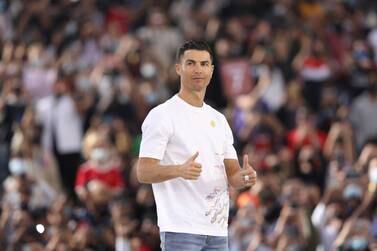 Cristiano Ronaldo, Manchester United forward footballer, attends Expo 2020 Dubai at Al Wasl Plaza, in Dubai, United Arab Emirates, January 28, 2022.  Christophe Viseux/Expo 2020 Dubai/Handout via REUTERS THIS IMAGE HAS BEEN SUPPLIED BY A THIRD PARTY.  NO RESALES.  NO ARCHIVES