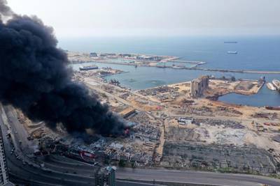 BEIRUT, LEBANON - SEPTEMBER 10: An aerial view of the black smoke following a fire that erupted in Beirut Ports Free Zone on September 10, 2020 in Beirut, Lebanon. The fire broke out in a structure in the city's heavily damaged port facility, the site of last month's explosion that killed more than 190 people. (Photo by Haytham Al Achkar/Getty Images)