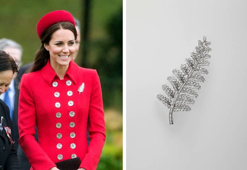 Catherine, Duchess of Cambridge, wearing the New Zealand Silver Fern brooch.