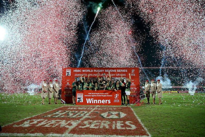 Players of South Africa celebrate winning the 2016 Dubai Rugby Sevens. Francois Nel / Getty Images