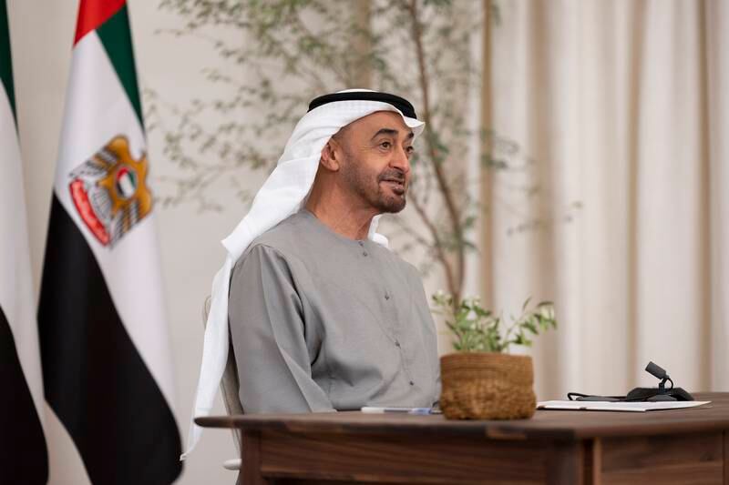 Sheikh Mohamed during the video call with Mr Biden. The leaders discussed bilateral ties and global energy security.