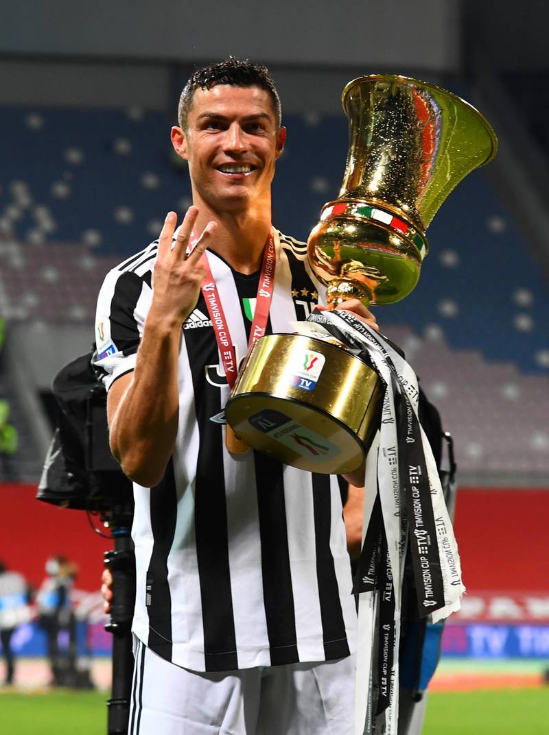 Juventus star Cristiano Ronaldo celebrates winning the Coppa Italia after the 2-1 victory against Atalanta. Getty