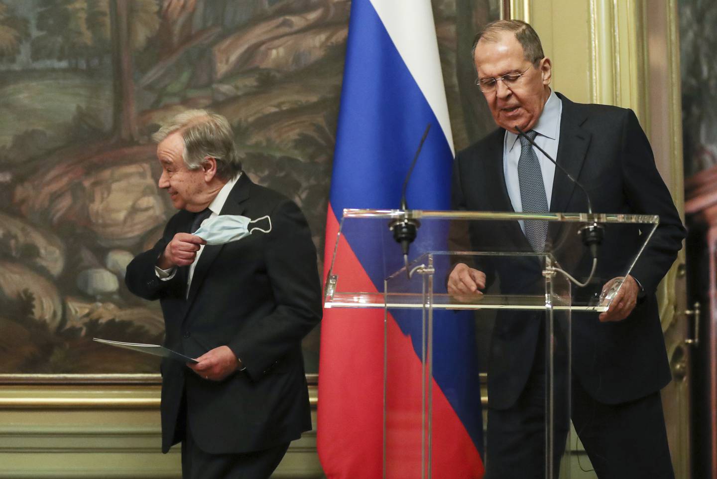 Russian Foreign Minister Sergey Lavrov, right, and UN Secretary-General Antonio Guterres met on Tuesday. AP