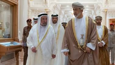 Sheikh Dr Sultan bin Muhammad Al Qasimi, Ruler of Sharjah, was hosted by Oman's Sultan Haitham on Tuesday in Muscat. Photo: Wam