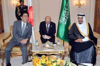 The Saudi Crown Prince and Defence Minister Salman bin Abdul Aziz, right, with Japanese Prime Minister Shinzo Abe, left, on his arrival in Riyadh. AFP