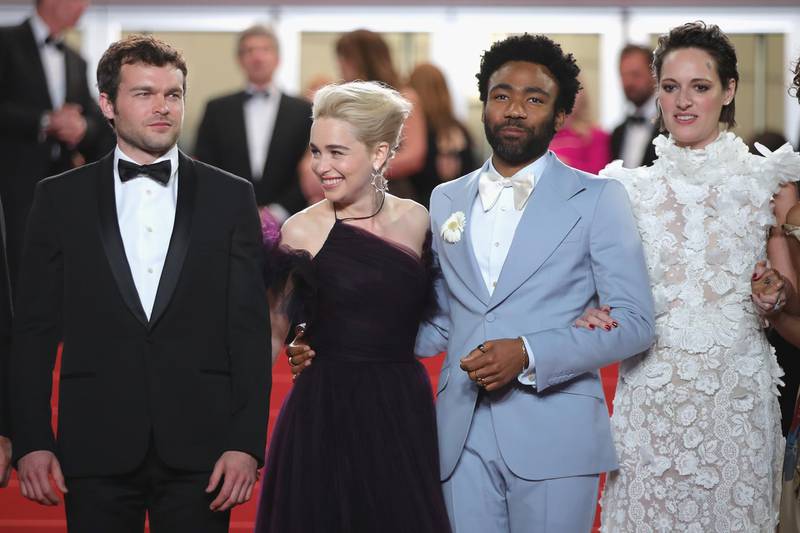 CANNES, FRANCE - MAY 15: Actors Alden Ehrenreich, Emilia Clarke, Donald Glover and Phoebe Waller-Bridge depart the screening of "Solo: A Star Wars Story" during the 71st annual Cannes Film Festival at Palais des Festivals on May 15, 2018 in Cannes, France.  (Photo by Andreas Rentz/Getty Images)