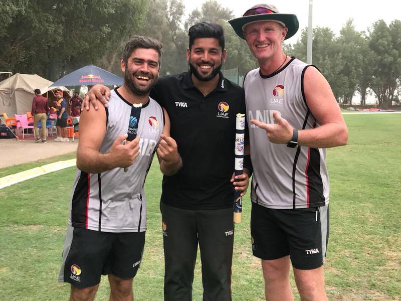 Dom Telo, left, pictured with UAE senior team captain Mohammed Naveed and coach Dougie Brown, is in charge of the junior side. Courtesy Mohammed Naveed
