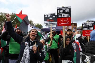 People protest in London, in solidarity with Palestinians in Gaza, amid the ongoing conflict between Israel and Hamas.  Reuters