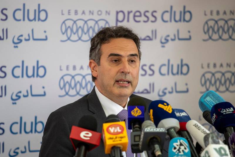 Alain Bifani, the director general of Lebanon's Finance Ministry and a member of the country's team negotiating with the International Monetary Fund, speaks during a press conference, at the Press Club, in Beirut, Lebanon, Monday, June 29, 2020. Bifani who had held the post for 20 years resigned on Monday amid a worsening economic and financial crisis, the ministry said. (AP Photo/Hassan Ammar)