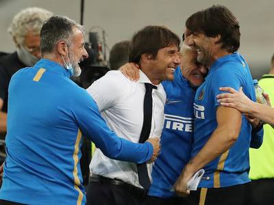 Inter Milan coach Antonio Conte celebrates after the 5-0 Europa League semi-final triumph over Shakhtar Donetsk. Reuters
