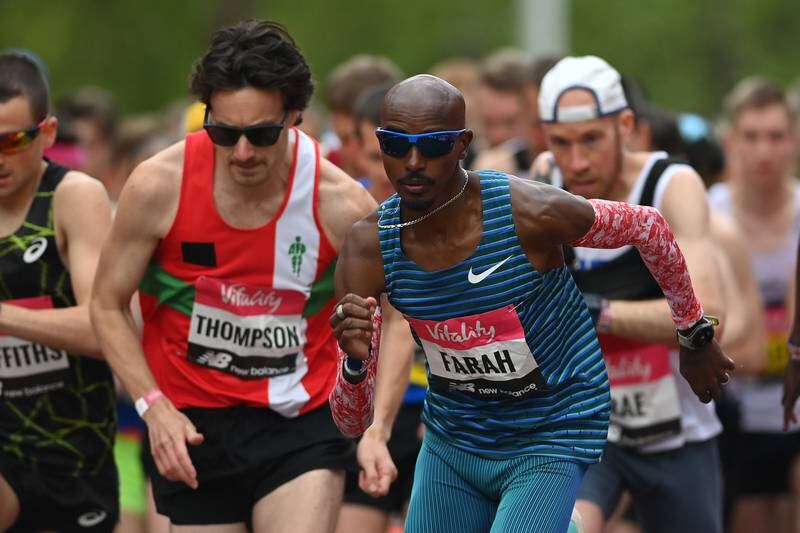Mo Farah at the start of the men's elite race. Getty