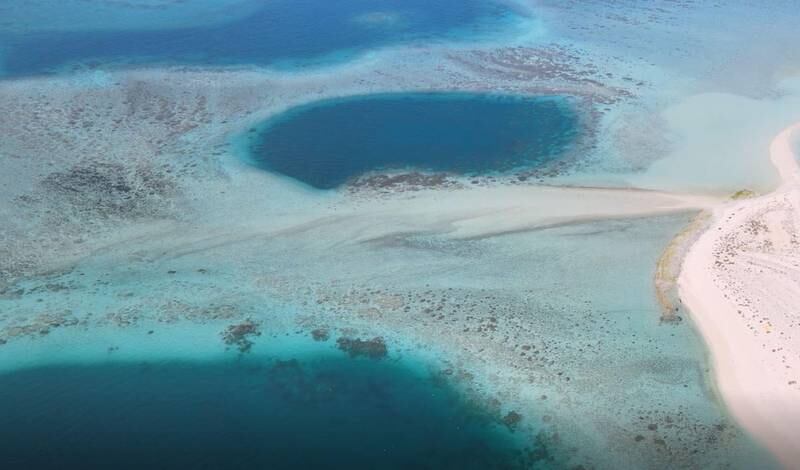 One of the rare blue holes located in the waters of Al Dhafra region in the Emirate of Abu Dhabi. About 12 metres deep, the underwater sinkhole is home to grouper, jackfish and corals. The perimeter of the Al Dhafra Blue Hole is approximately 300 meters long and 200 meters wide, encompassing a total area of around 45,000 square metres. Photo: Environment Agency - Abu Dhabi (EAD)
