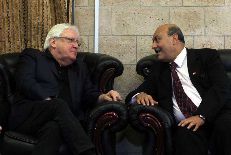 epa07181228 UN special envoy for Yemen Martin Griffiths (L) holds talks with a Houthi representative upon his arrival in Sana'a, Yemen, 21 November 2018. According to reports, Griffiths arrived in Sana'a to hold talks with representatives of the Houthi rebels, seeking to hold a new round of peace talks between the Houthis and Yemen's Saudi-backed government, scheduled to take place in Sweden by the end of this year.  EPA/YAHYA ARHAB