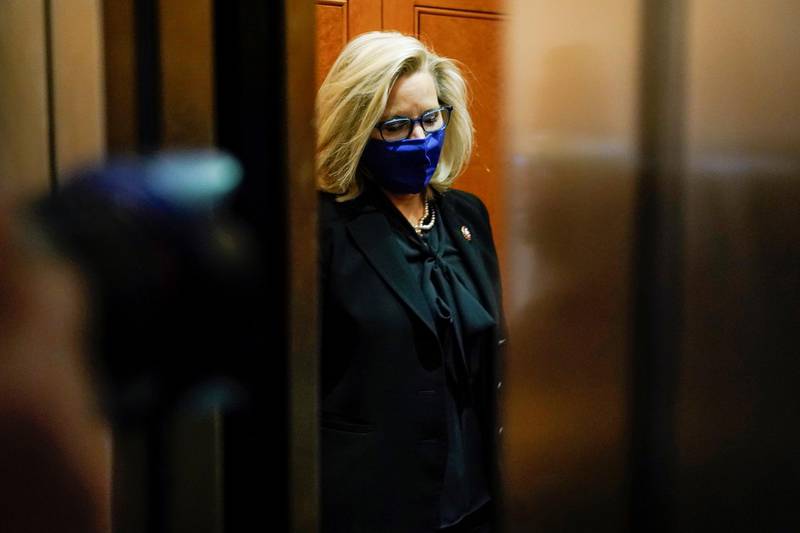 Liz Cheney (R-WY) departs after a House Republican Caucus meeting on Capitol Hill in Washington, U.S., February 3, 2021.      REUTERS/Joshua Roberts