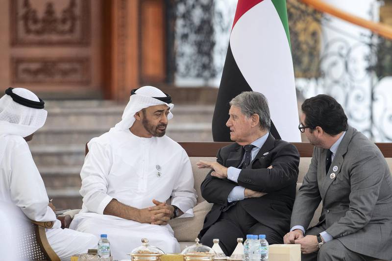 ABU DHABI, UNITED ARAB EMIRATES - November 26, 2018: HH Sheikh Mohamed bin Zayed Al Nahyan, Crown Prince of Abu Dhabi and Deputy Supreme Commander of the UAE Armed Forces (L), meets with Gianluigi Aponte, Group Executive Chairman of Mediterranean Shipping Company (MSC) (2nd L), and Diego Aponte President and CEO of Mediterranean Shipping Company (MSC) (3rd L), during a Sea Palace barza. 
( Ryan Carter / Ministry of Presidential Affairs )
---