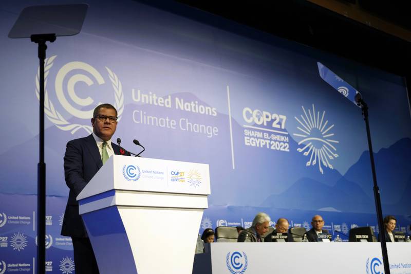 Alok Sharma, president of the Cop26 climate summit, speaks at Cop27 in Sharm El Sheikh, Egypt. AP