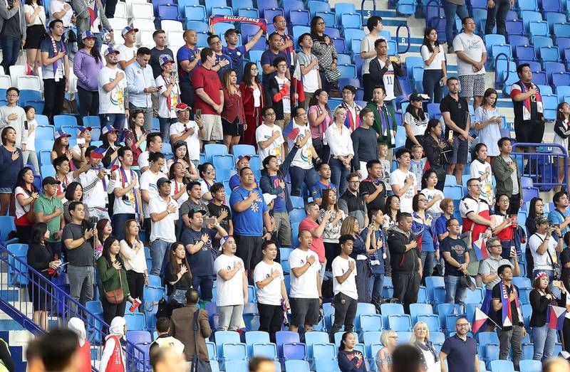 DUBAI , UNITED ARAB EMIRATES , January  7 – 2019 :- PHILIPPINES fans during the national anthem before the AFC Asian Cup UAE 2019 football match between KOREA REPUBLIC vs. PHILIPPINES held at Al-Maktoum Stadium in Dubai. ( Pawan Singh / The National ) For News/Sports