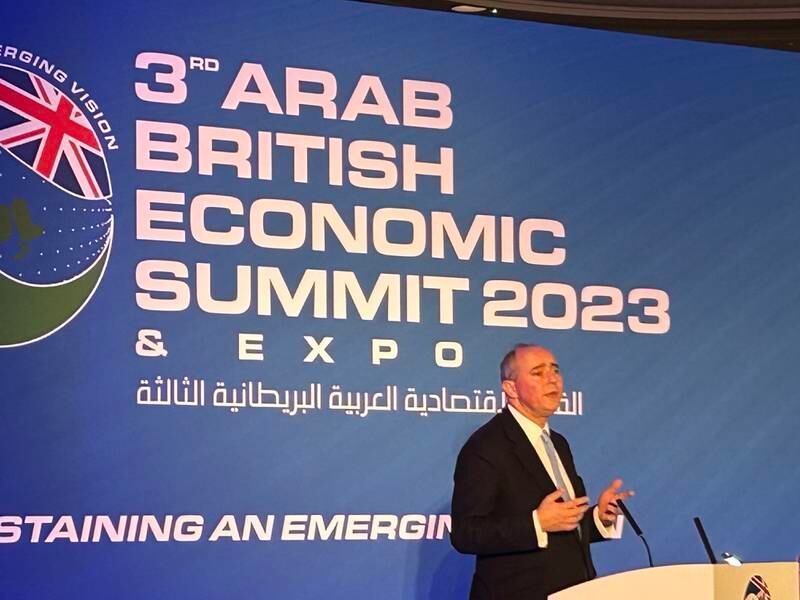 UK Business and Trade Minister Dominic Johnson speaks at the 3rd Arab British Economic Summit on Monday. Matthew Davies / The National