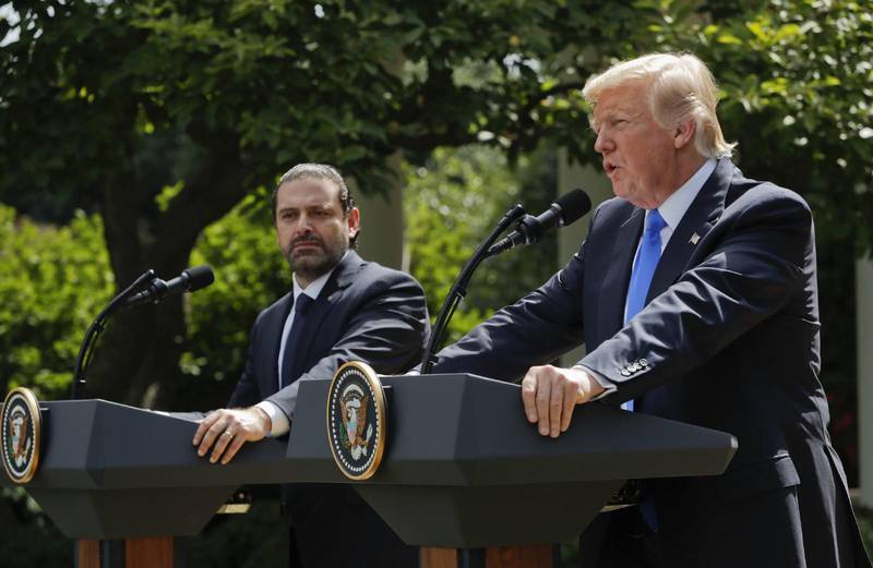 U.S. President Donald Trump gives a joint press conference with Lebanese Prime Minister Saad Hariri at the White House