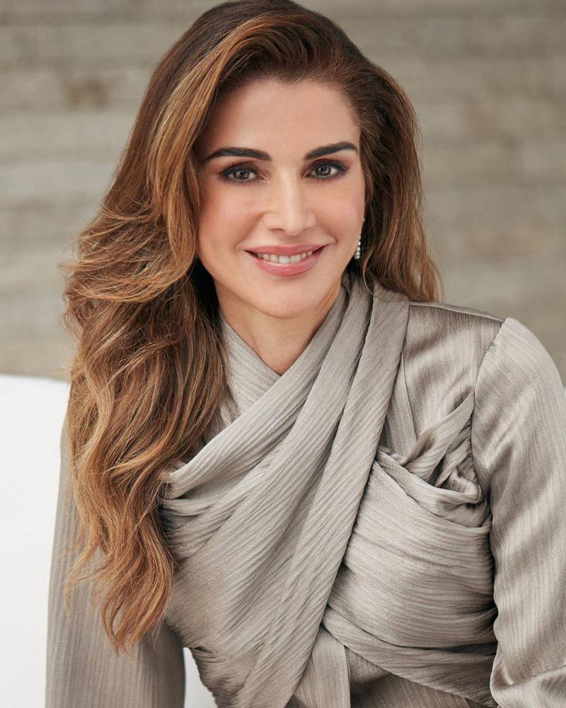 Queen Rania wears a taupe gown by Lebanese-Mexican label Darin Hachem in a portrait to mark her 50th birthday. Instagram / Darin Hachem