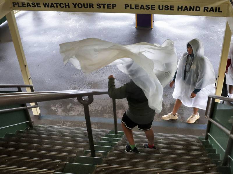 A gust of window blows a guest's rain poncho on the ferry on the way to the Magic Kingdom at Walt Disney World. AP