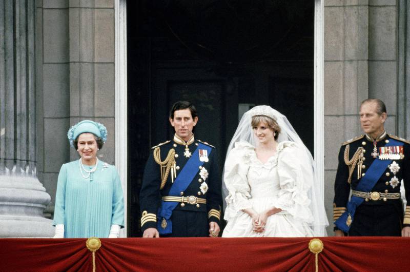 Prince Charles and Lady Diana Spencer with Queen Elizabeth II and Prince Philip on the balcony at Buckingham Palace after their marriage ceremony at St Paul's Cathedral. 29th July 1981. (Photo by MSI/Mirrorpix/Getty Images)