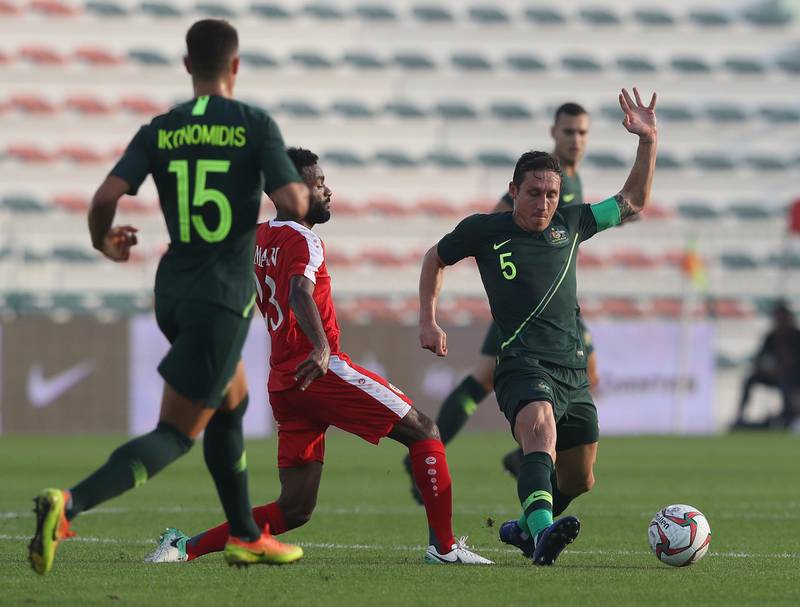Mark Milligan of Australia in action during the international friendly match against Oman at Maktoum Bin Rashid Al Maktoum Stadium in Dubai on Sunday. Australia won the match 5-0 as part of their 2019 Asian Cup preparations. The tournament is being held in the UAE from January 5-February 1. Getty Images