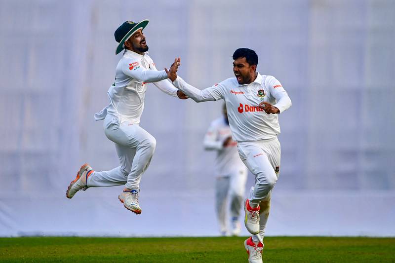 Bangladesh’s Mehidy Hasan after taking the wicket of  Shubman Gill. AFP