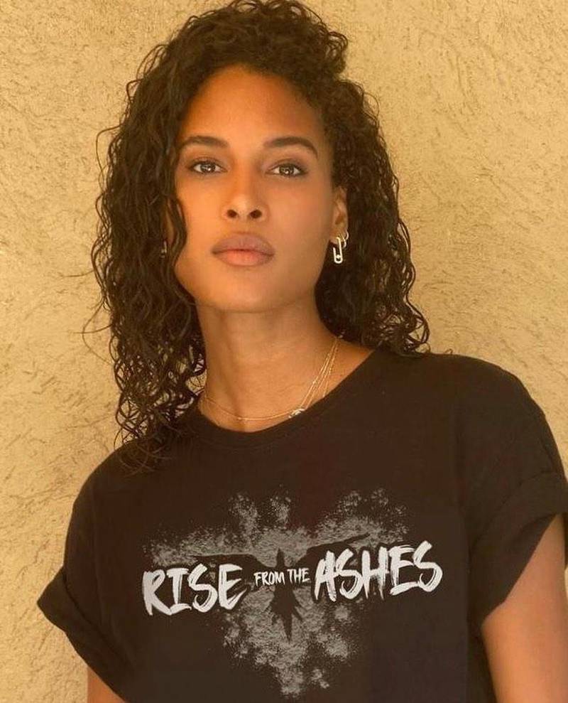 French model Cindy Bruna wearing Zuhair Murad's Rise from the Ashes T-shirt. Instagram / cindybruna