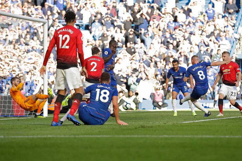 Chelsea's Ross Barkley, second right, scores his side's second goal putting the score at 2-2 during their English Premier League soccer match between Chelsea and Manchester United at Stamford Bridge stadium in London Saturday, Oct. 20, 2018. (AP Photo/Matt Dunham)