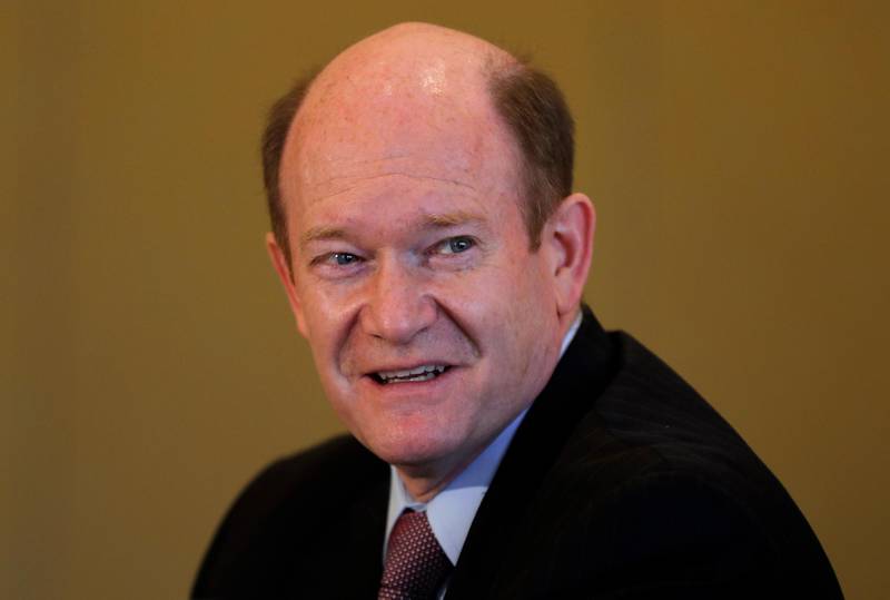U.S. Senator Chris Coons talks to the journalists during a press briefing in Abu Dhabi, United Arab Emirates, Monday, May 3, 2021. Top Biden administration officials and U.S. senators crisscrossed the Middle East on Monday, seeking to assuage growing unease among key Gulf Arab partners over America's rapprochement with Iran and other policy shifts. (AP Photo/Kamran Jebreili)