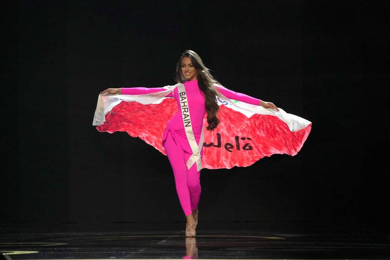 Miss Bahrain Evlin Khalifa walks on stage in a pink burkini during the preliminary competition at the 71st Miss Universe in New Orleans. AFP