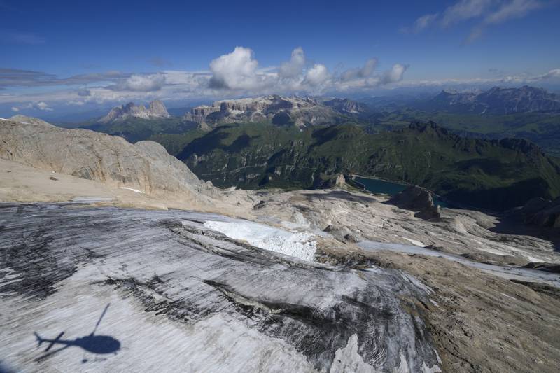 A view from a rescue helicopter of the Punta Rocca glacier near Canazei, in the Italian Alps, two days after a huge chunk of the glacier broke loose, sending an avalanche of ice, snow and rocks on to hikers.  AP