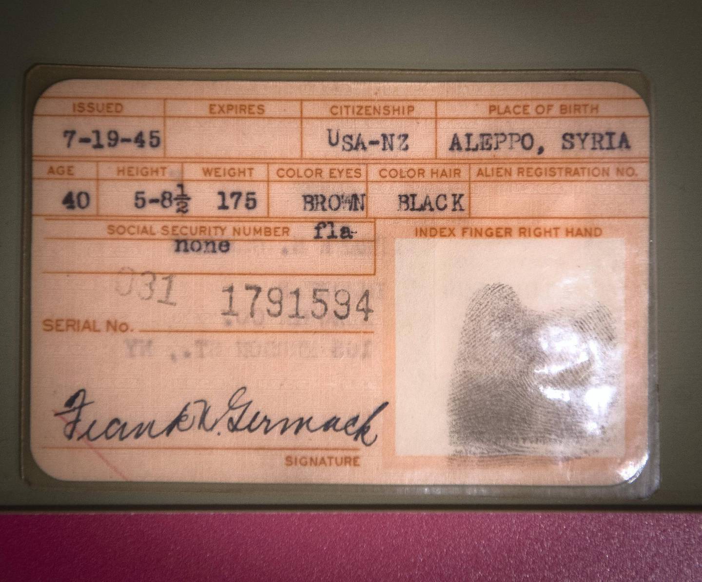 The Port Authority I.D. card used by Syrian immigrant Frank Germack, on display at the exhibition, "Little Syria, NY, An Immigrant Community's Life & Legacy" on view from October 1, 2016 - January 9, 2017 at the Ellis Island National Museum of Immigration, September 27, 2016, in New York. (Photo by Bryan R. Smith / AFP)