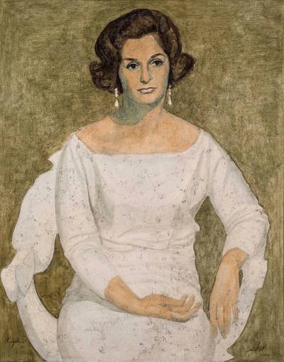 Louay Kayyali’s (Syrian,1934-1978) Portrait of Umayma Hussein Ibish painted in 1962, which sold for £47,500 (Dh222,157). The painting was part of the curated section entitled “Accademia di Belle Arti di Roma” which shed light on the fact that many Middle Eastern artists studied in Rome during the 1960s and 1970s and their artistic styles evolved to a dialogue between Western and Eastern culture.