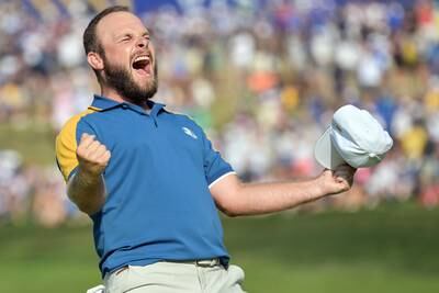 Tyrrell Hatton of Team Europe celebrates winning his singles match on the last day of the 2023 Ryder Cup golf tournament. EPA