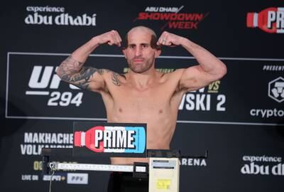 UFC featherweight champion Alexander Volkanovski weighs in for his lightweight title fight against Islam Makhachev at UFC 294.