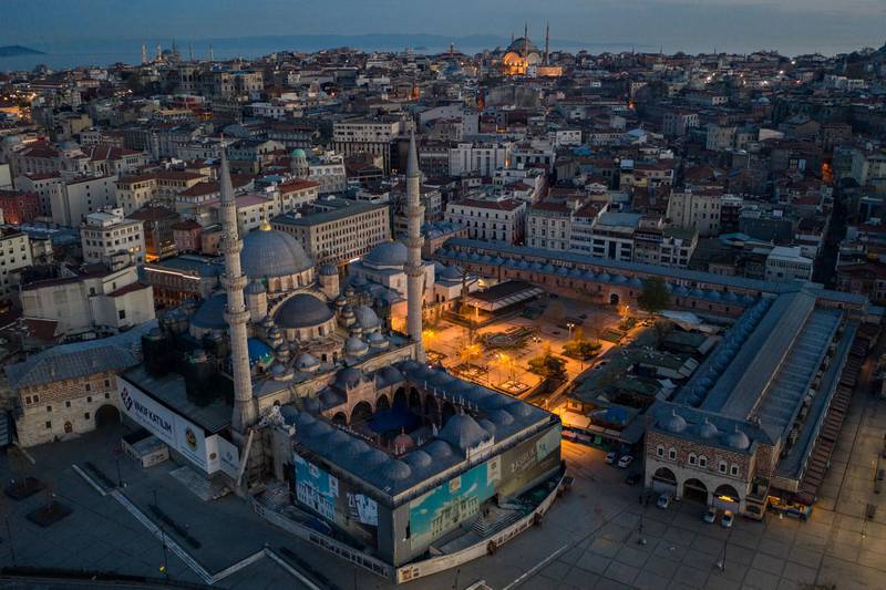 The Eminonu Mosque and surrounding recreational areas are empty during Turkey's second weekend lockdown, Istanbul, Turkey.  Getty Images